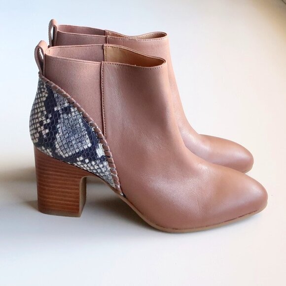 NEW Jack Rogers Tan Poppy High Heel Booties / Ankle Boots With Snakeskin Accent - Picture 3 of 15